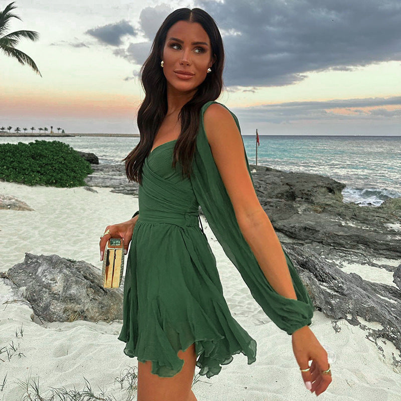 Chiffon Wrap V-Neck Split Balloon Sleeve Tie Waist Ruffle Mini Dress 17