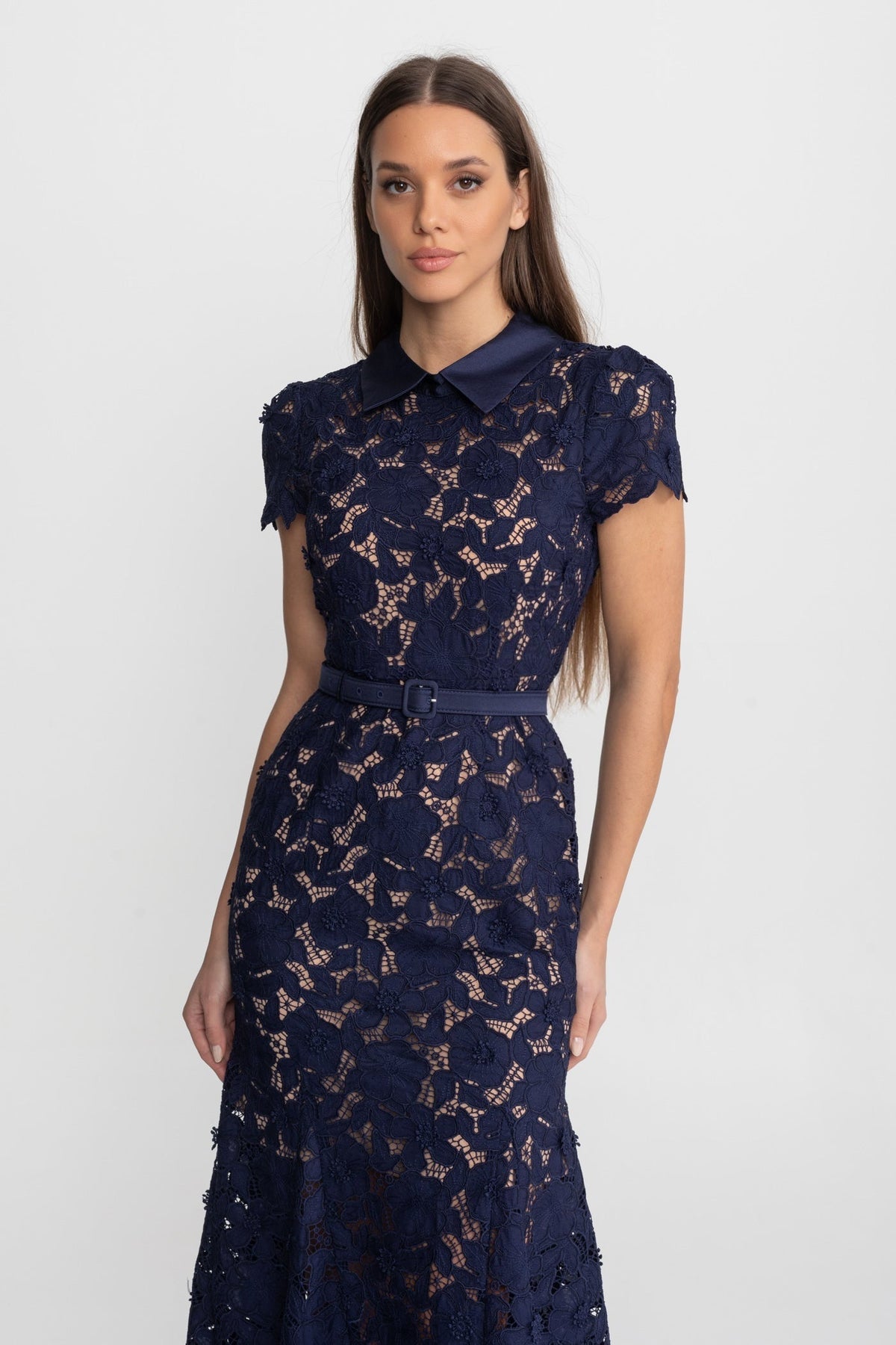 Floral Lace Satin Collar Short Sleeve Belted Flared Hem Midi Dress 6