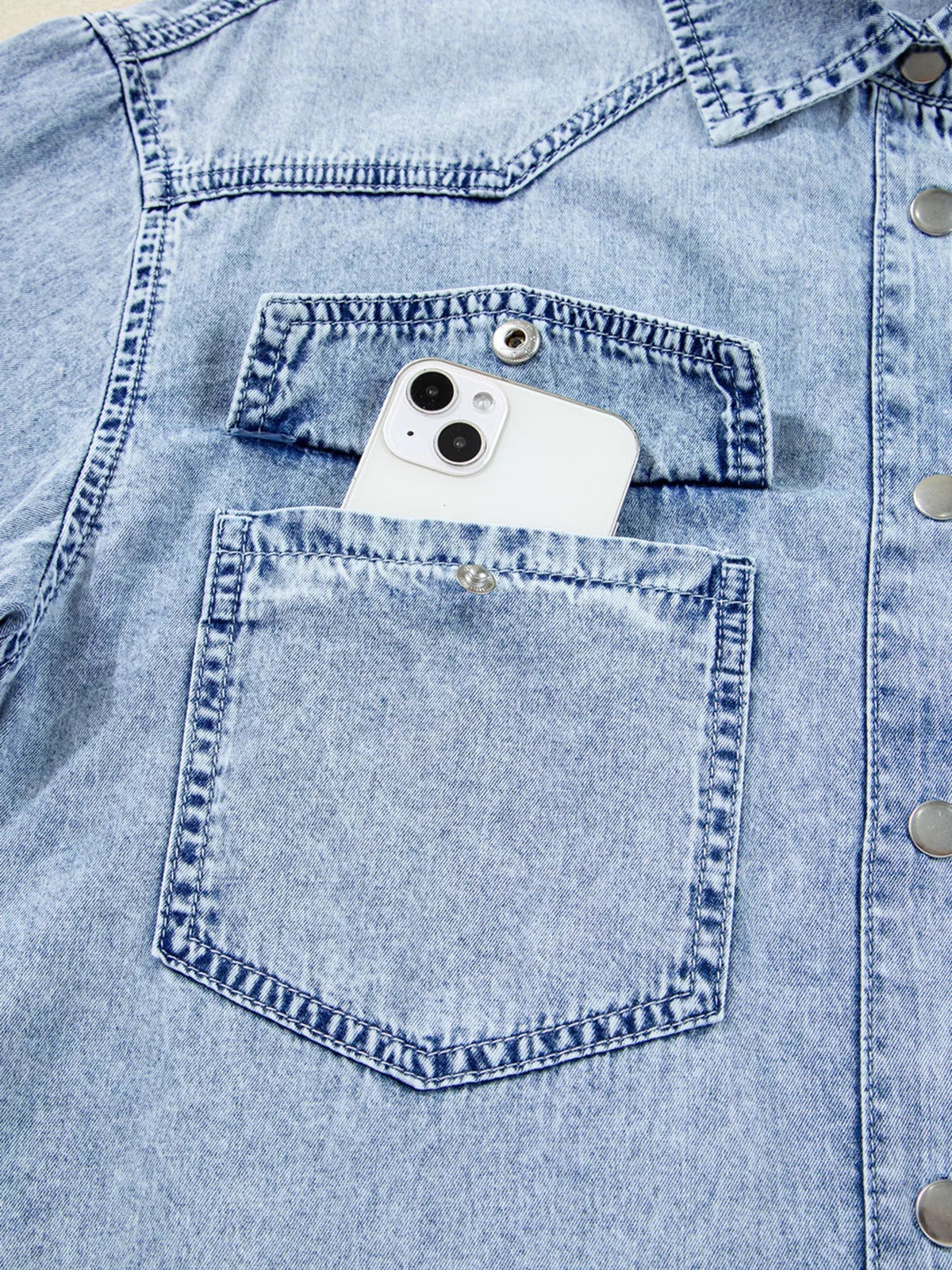 Denim-Look Snap Button Chest Pocket Raw Hem Oversized Shirt Dress 8