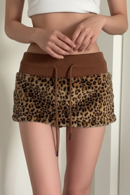 Leopard Print Faux Fur Ribbed Drawstring Waist Low Rise Mini Skirt