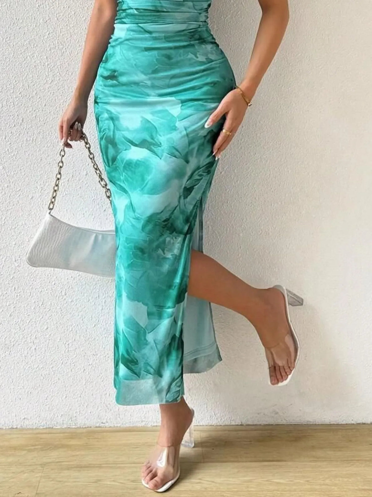 Abstract Print Strapless Ruched Bodycon Maxi Tube Dress 19