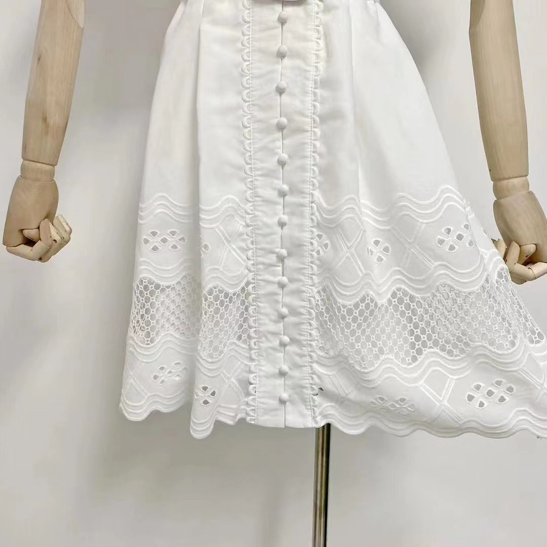 V-Neck Puff Sleeve Belted Button Front Eyelet Lace Mini Dress 6