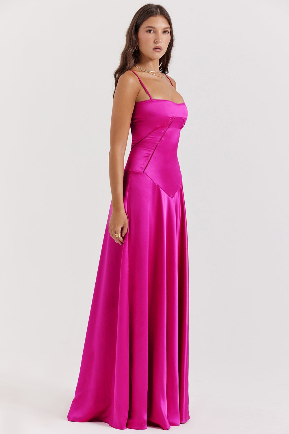 Satin Square Neck Corset Seam Spaghetti Strap Flowy Maxi Dress 5