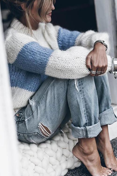 Color Block Stripe O Neck Sweater