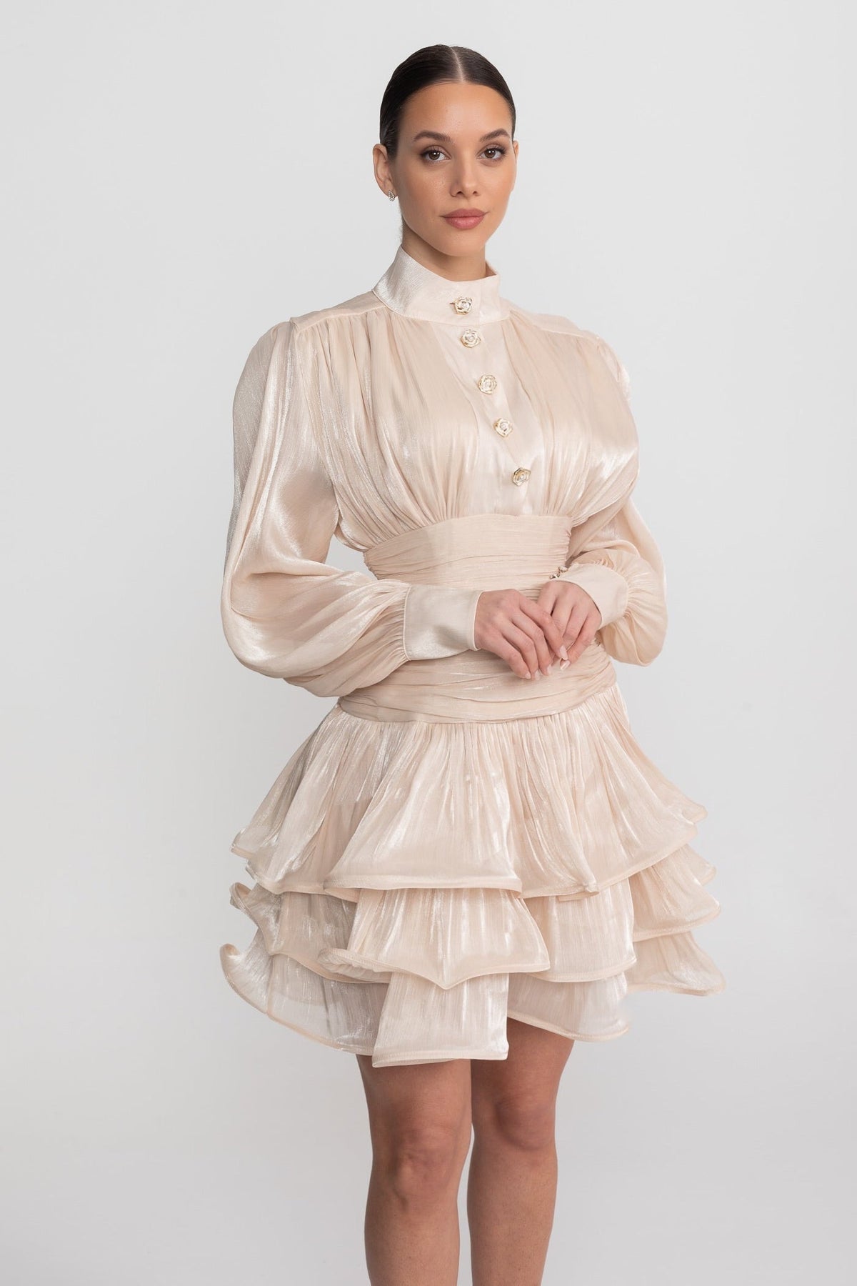 High Neck Balloon Sleeve Ruched Waist Tiered Ruffle Mini Dress 2