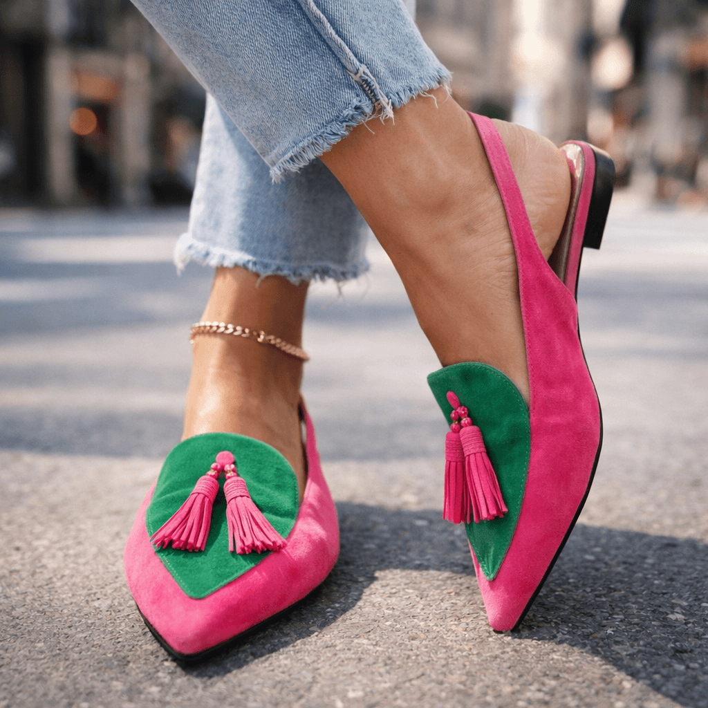 Pointed Toe Tassel Suede Look Slingback Flats