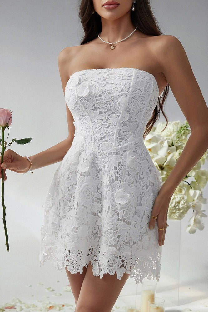 Lace Strapless Corset Bustier 3D Floral A-Line Pocket Cocktail Mini Dress