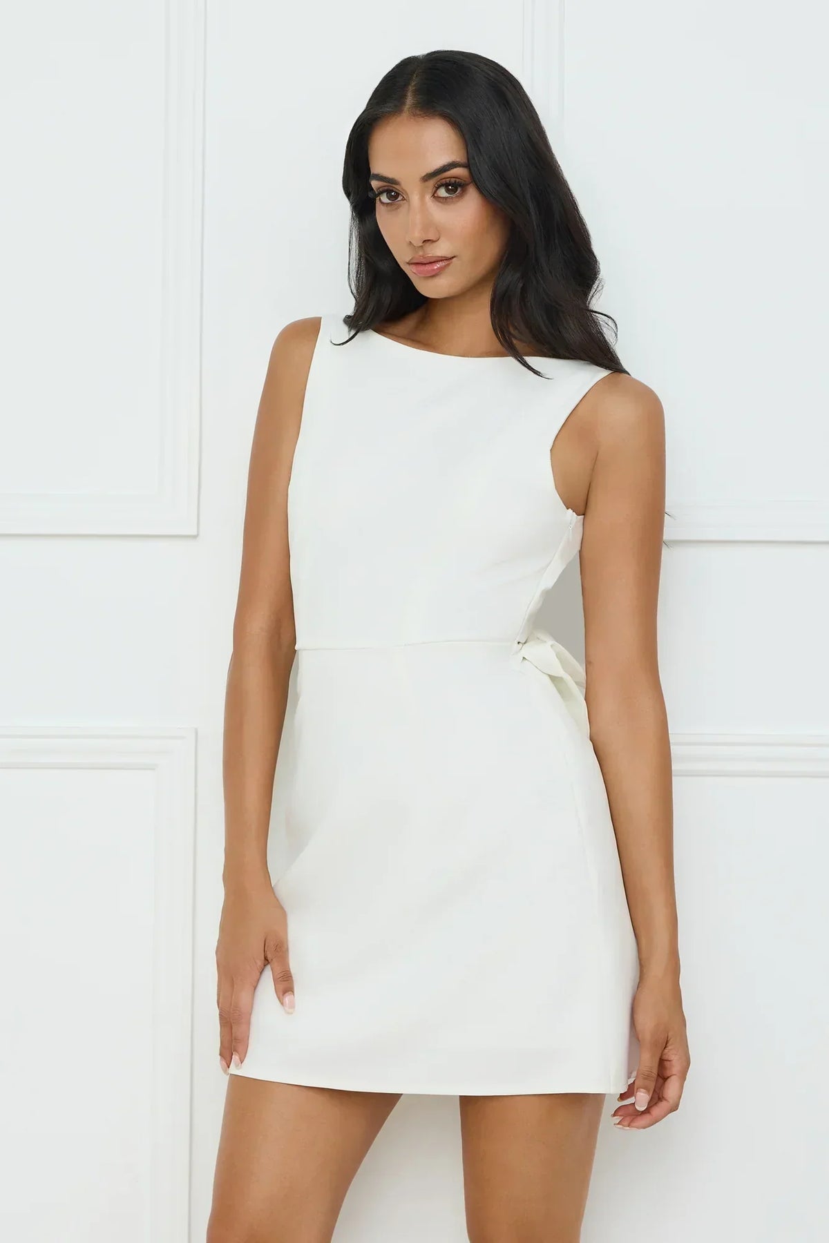 Boat Neck Sleeveless Open Back Bow Shift Mini Dress 3