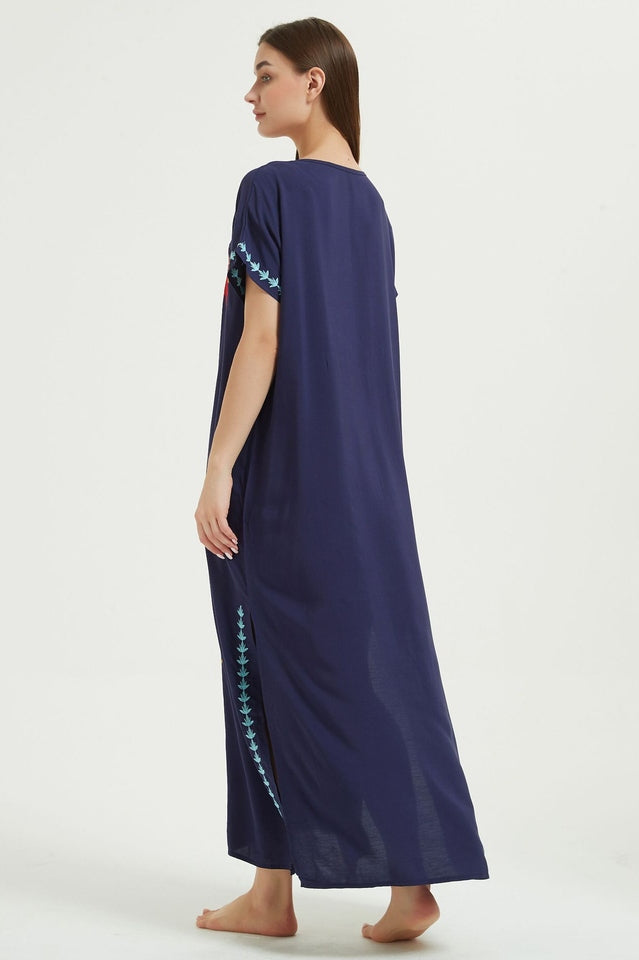 Embroidered V-Neck Short Sleeve Kaftan Maxi Dress 11
