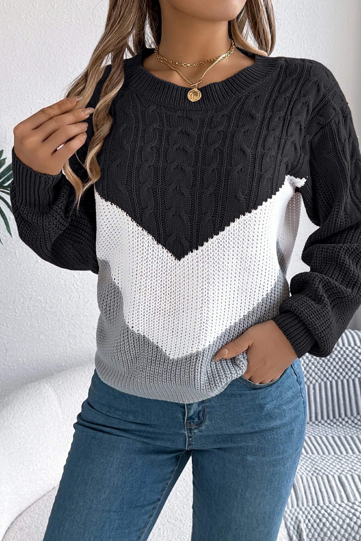 Colorblock Chevron Crew Neck Long Sleeve Cable Knit Sweater 9