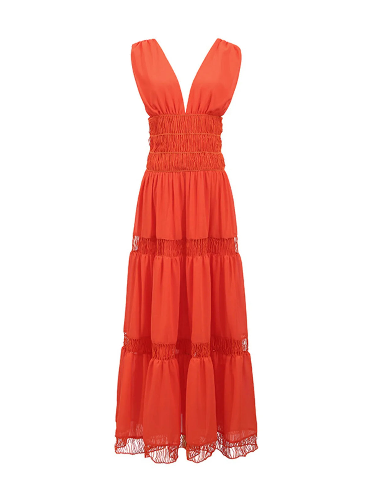 Deep V-Neck Sleeveless Smocked Waist Ladder Trim Tiered Maxi Dress 13