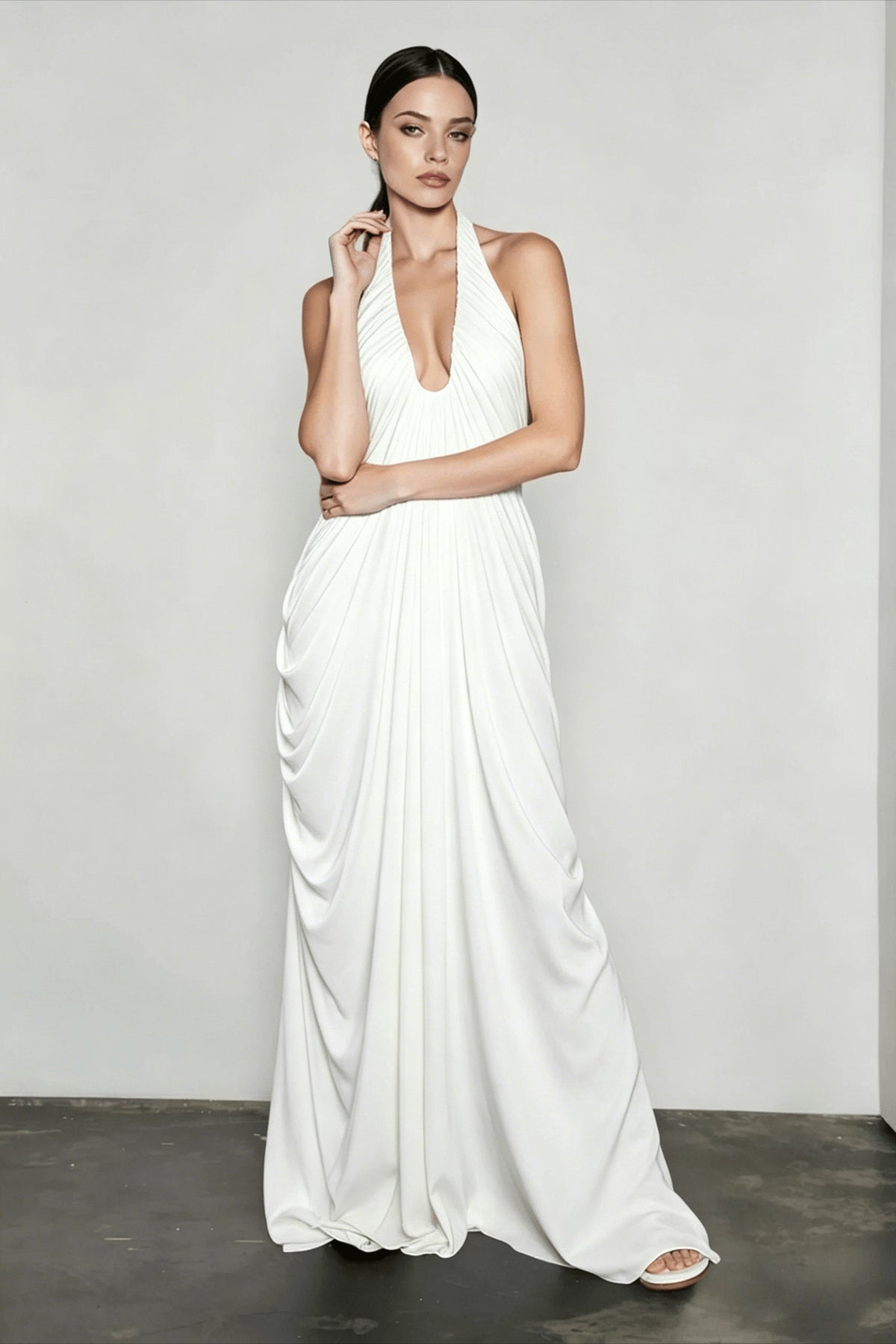 Halter Neck Deep V-Neck Ruched Draped Backless Maxi Dress 3