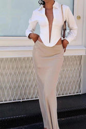 Deep V Neck Collared Long Sleeve Top