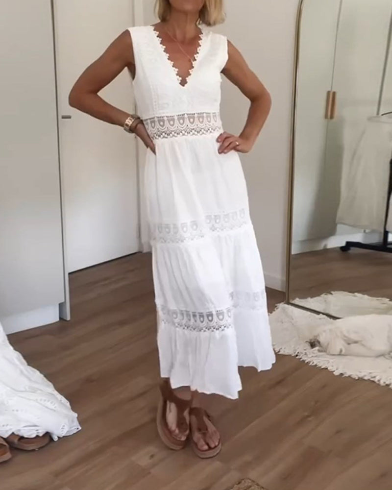 V-Neck Sleeveless Lace Trim Tiered Midi Dress