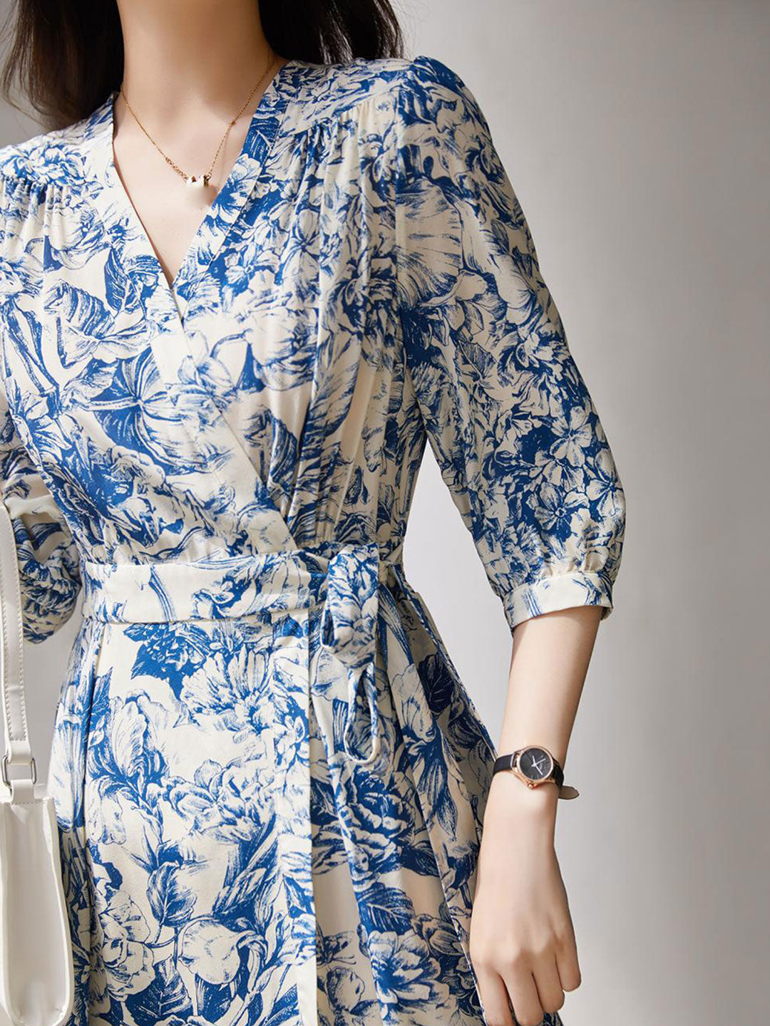 Toile Floral Print Wrap V-Neck Puff Sleeve Tie Waist A-Line Midi Dress