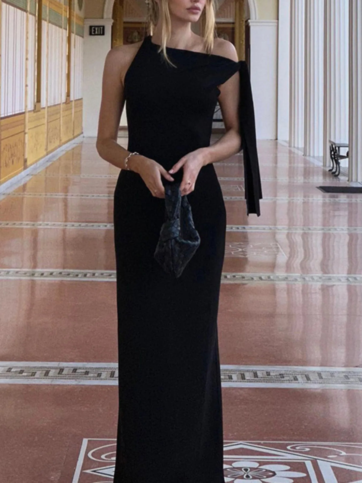 One Shoulder Knot Tie Drape Sleeveless Bodycon Maxi Dress 13