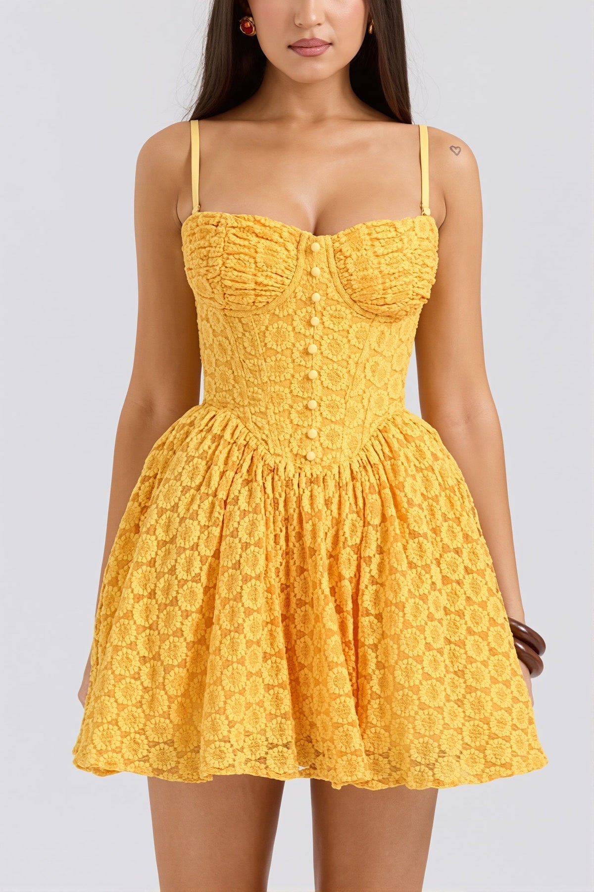 Floral Lace Spaghetti Strap Button Front Corset Bodice Puff Skirt Mini Dress