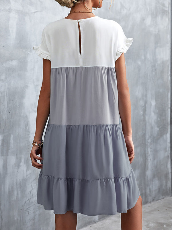 Round Neck Flutter Sleeve Tiered Babydoll Mini Dress 21