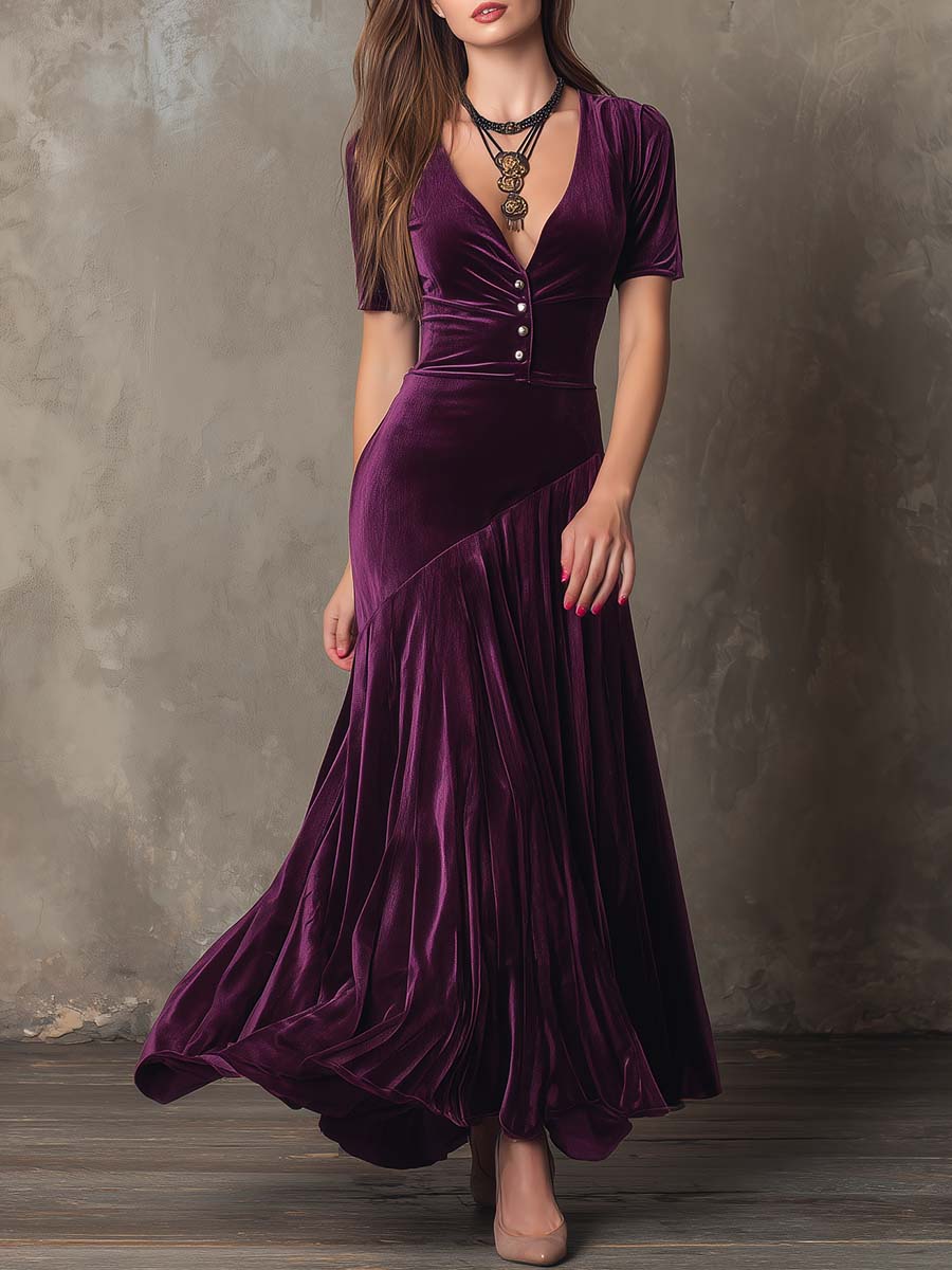 Glamorous 70s-Inspired Velvet Evening Dress