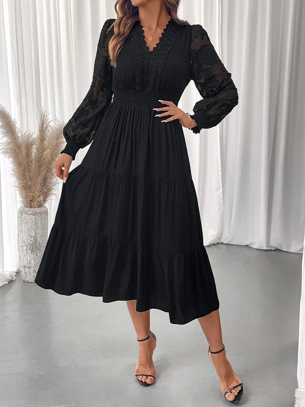 Lace Trim V-Neck Lantern Sleeve Smocked Waist Tiered Midi Dress 2