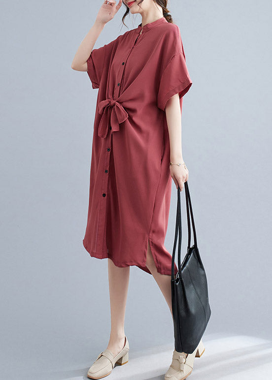Button Down Mandarin Collar Tie Belt Short Sleeve Midi Shirt Dress