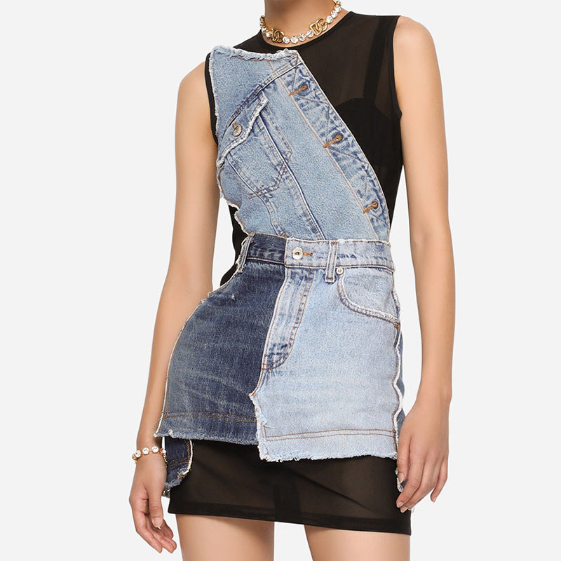 Patchwork Denim Overlay Sleeveless Sheer Mesh Bodycon Mini Dress