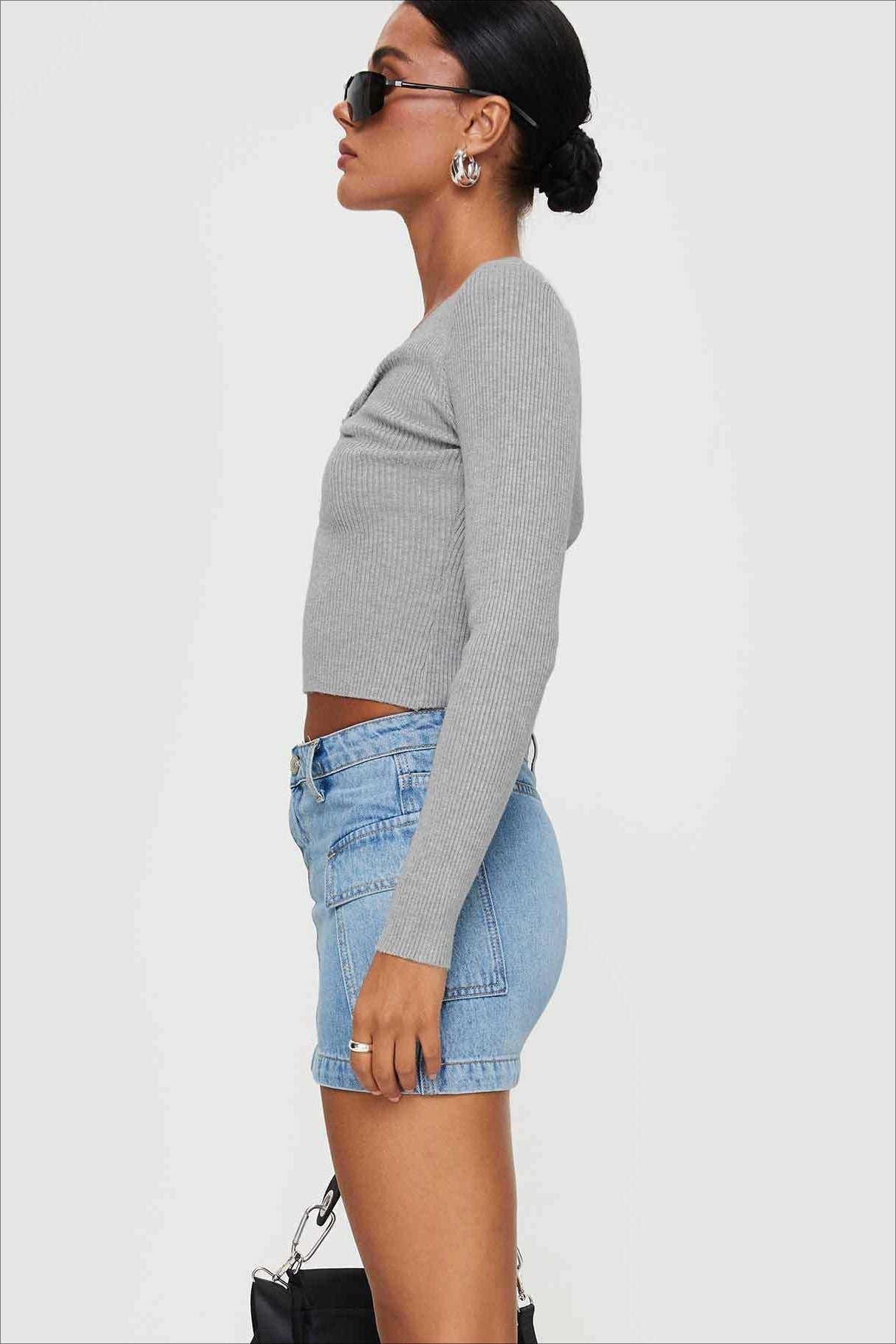Low-Rise Pleated Denim Mini Skort