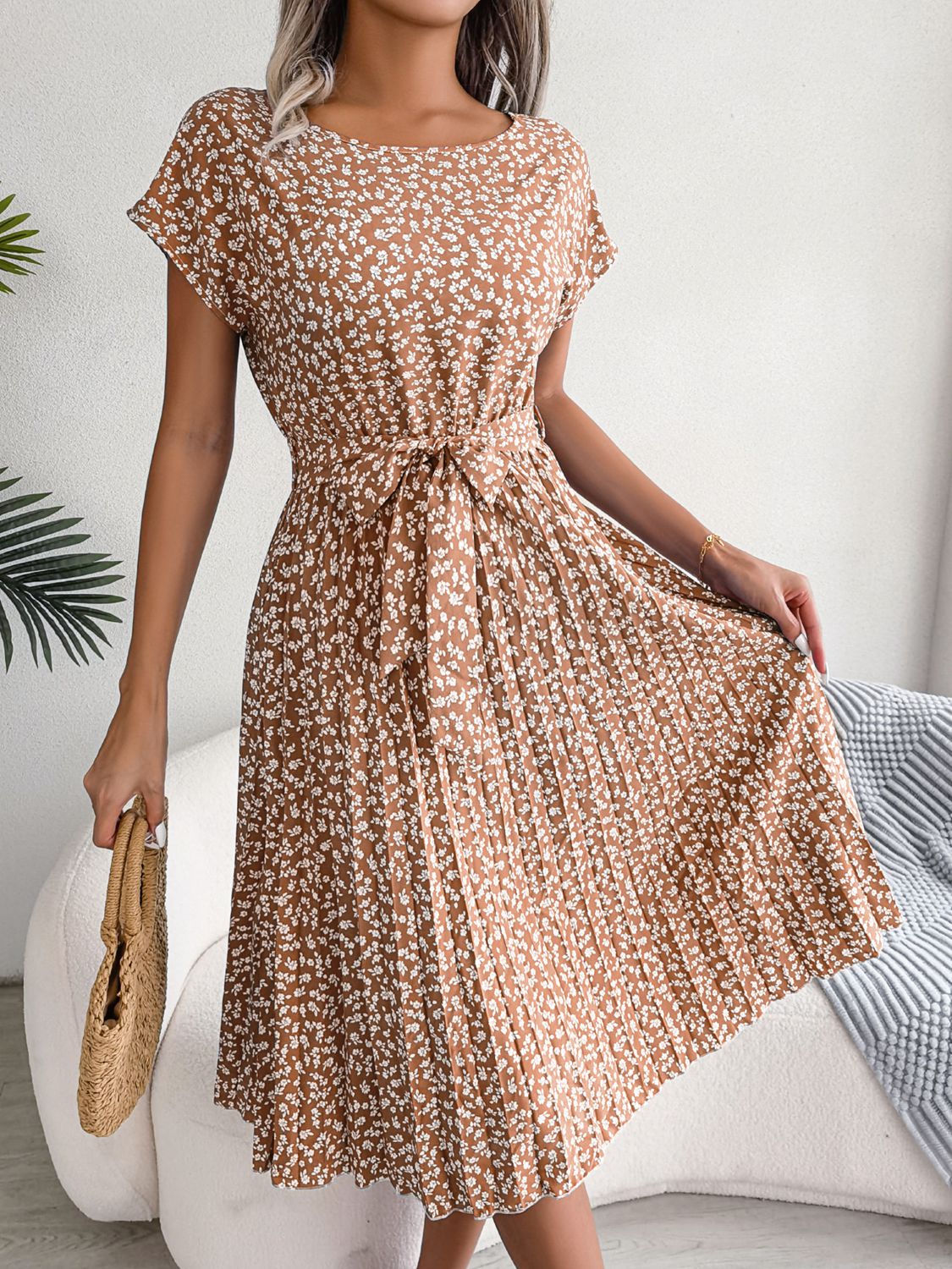 Ditsy Floral Pleated Belted Dress Camel