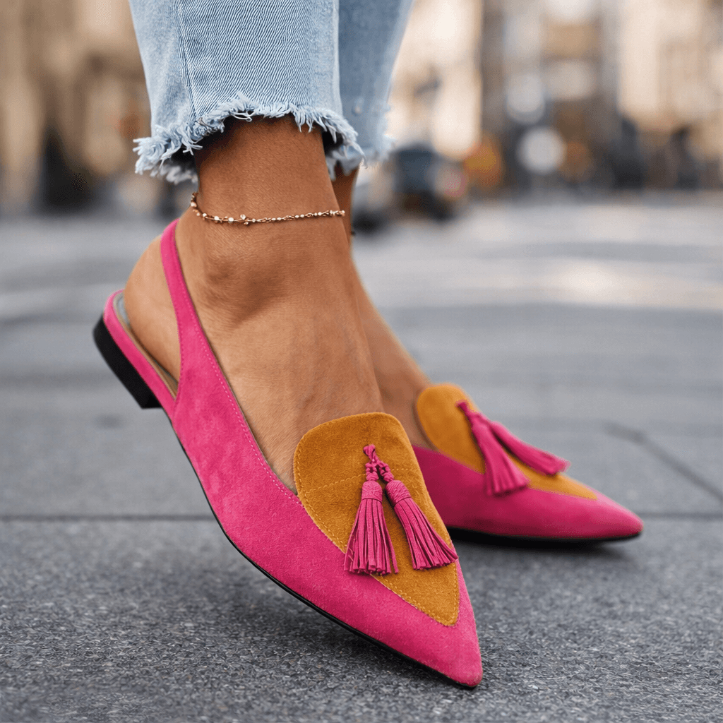 Pointed Toe Tassel Suede Look Slingback Flats