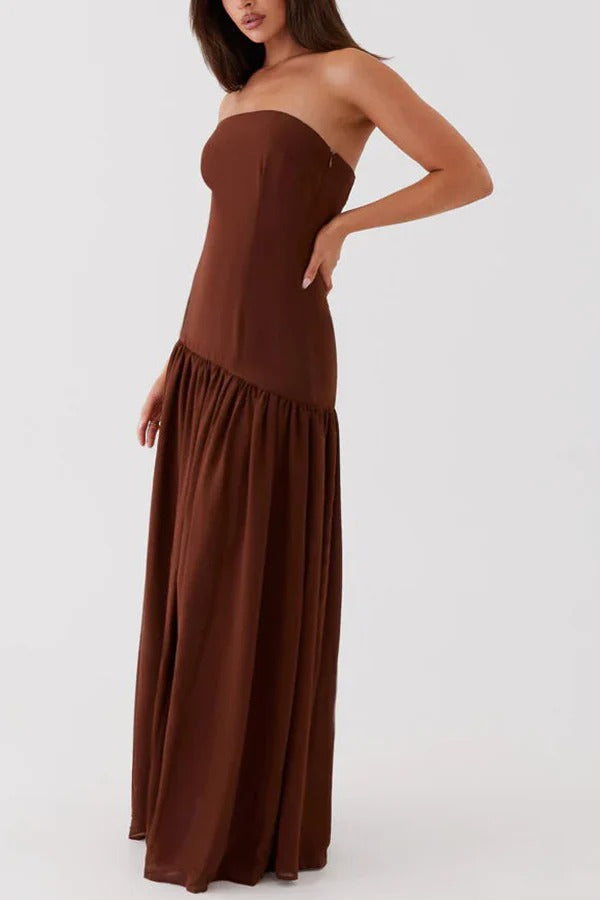 Strapless Drop Waist Gathered Skirt High Split Maxi Dress 10
