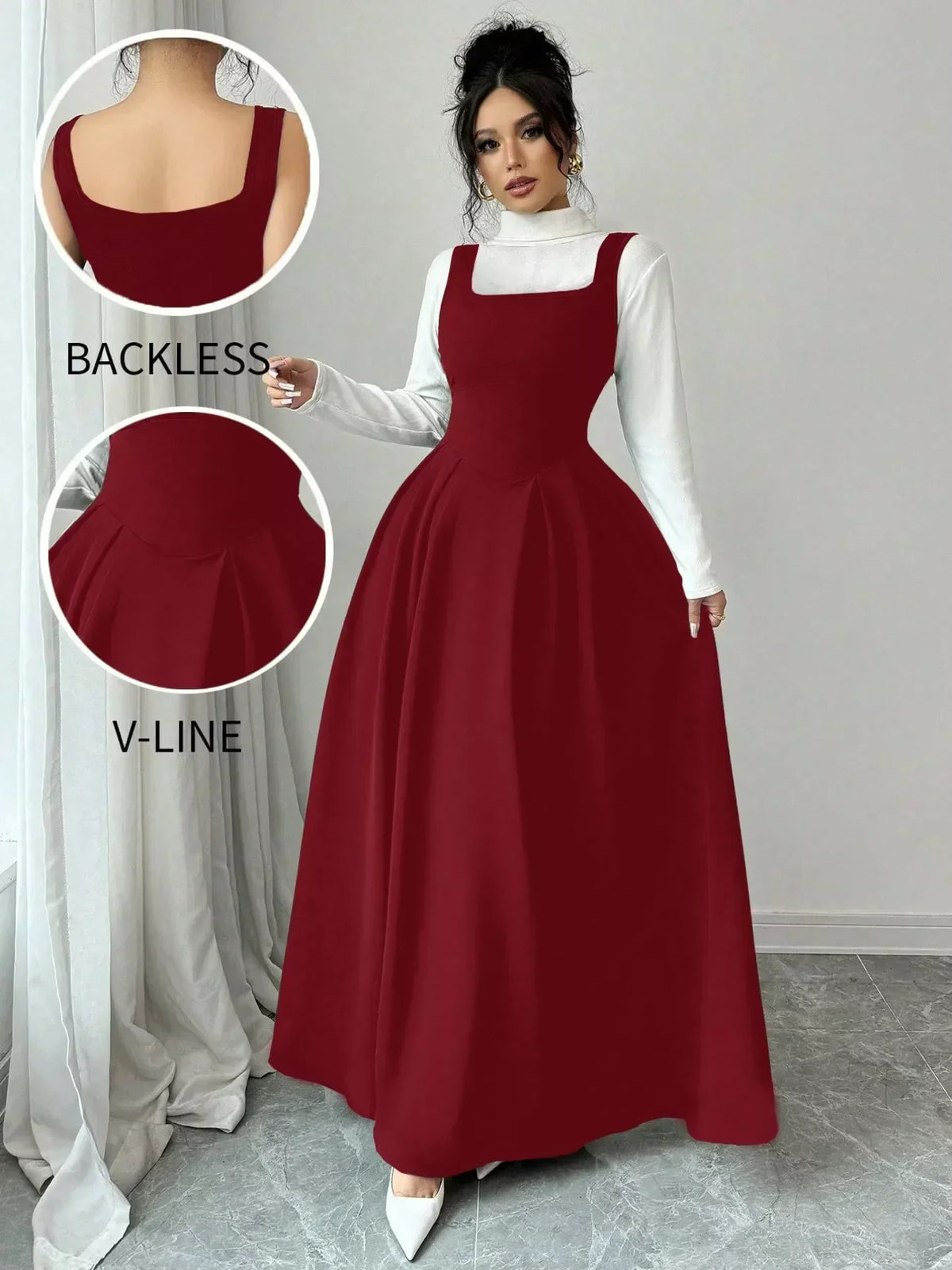 Square Neck Wide Strap Sleeveless Pleated A-Line Maxi Dress with Pockets 5