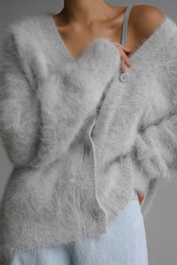 Deep V-Neck Balloon Sleeve Fuzzy Knit Button Front Oversized Cardigan 3