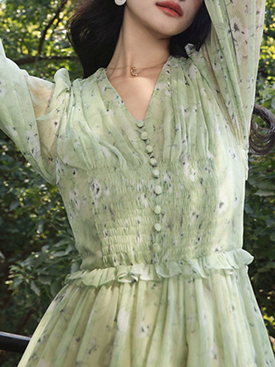 Floral Print V-Neck Button Front Smocked Waist Balloon Sleeve Ruffle Hem Mini Dress