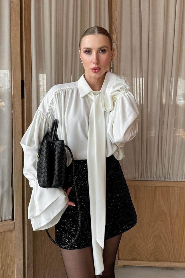 Collared Long Tie Neck Gathered Shoulder Layered Flare Sleeve Blouse 2