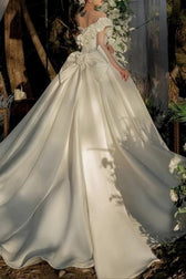 Off Shoulder Satin Train Wedding Dress - View 4