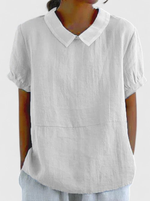 Contrast Collar Short Sleeve Linen Look Top