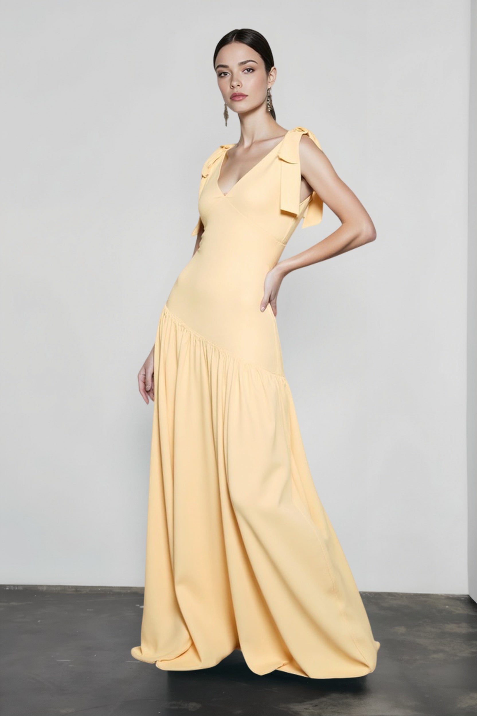 V-Neck Bow Strap Gathered Asymmetric Drop Waist Maxi Gown