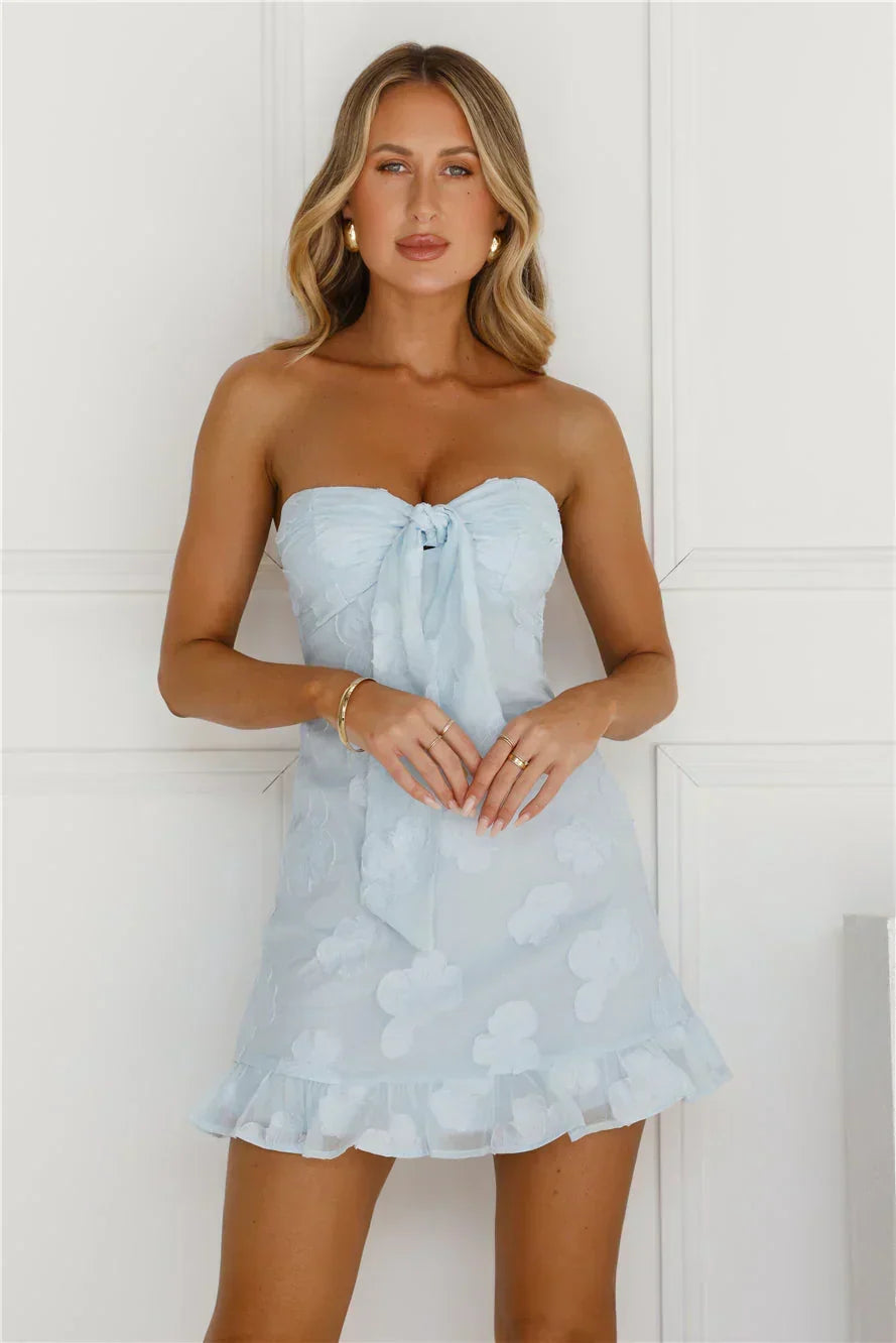 Floral Applique Strapless Tie Front Ruffle Hem Mini Dress 3