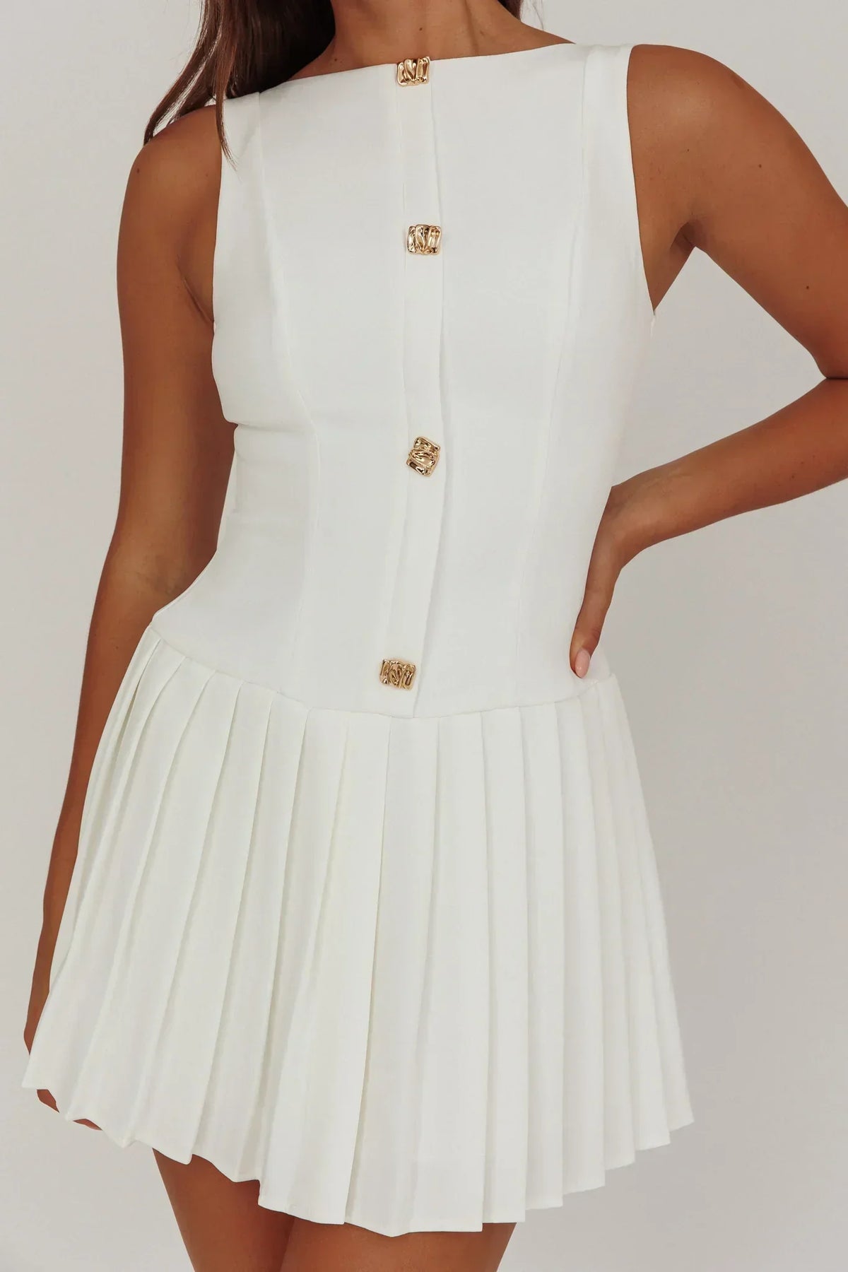 Sleeveless Boat Neck Button Front Drop Waist Pleated Mini Dress 3