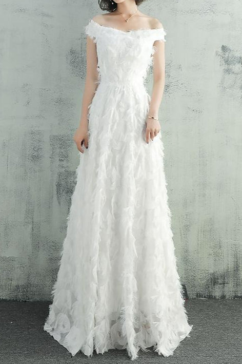 Feather Fringe Off Shoulder A-Line Formal Gown