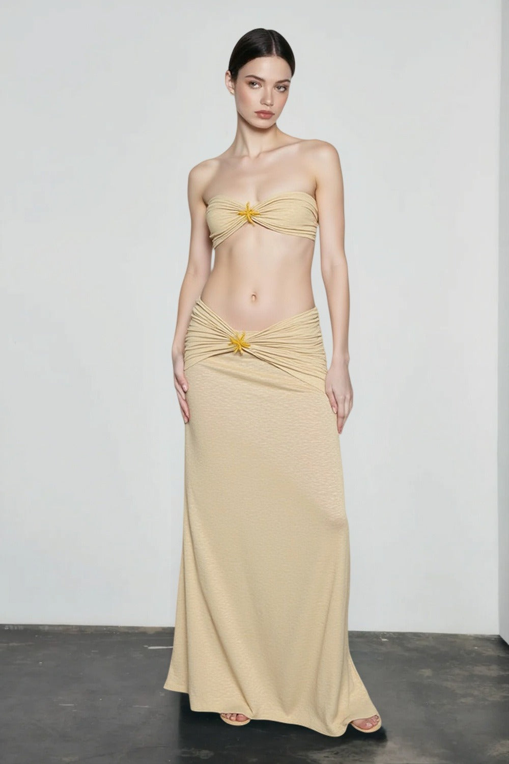 Strapless Twist Bandeau Top and Ruched Waist Maxi Skirt Two Piece Set