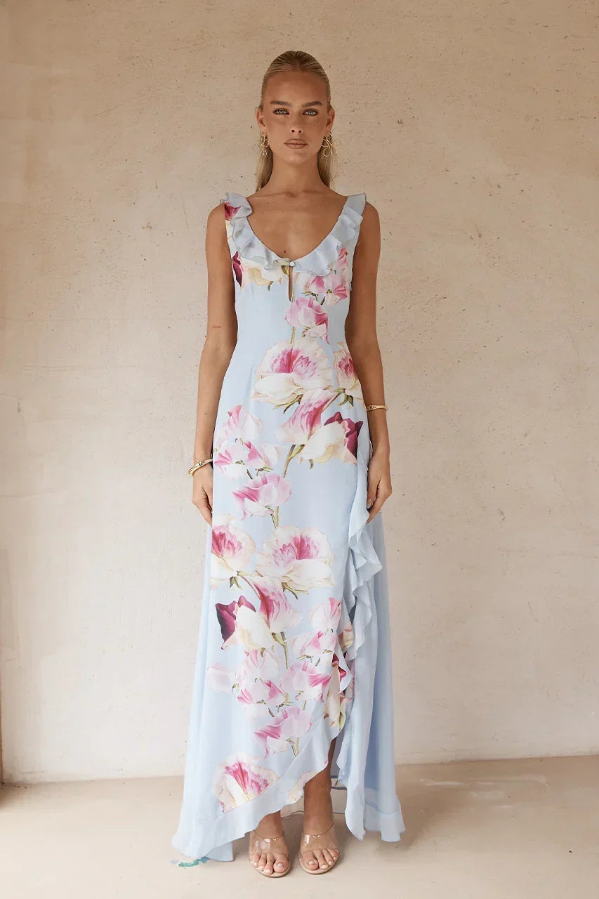 Floral Print Ruffle Scoop Neck Sleeveless High Split Maxi Dress 3