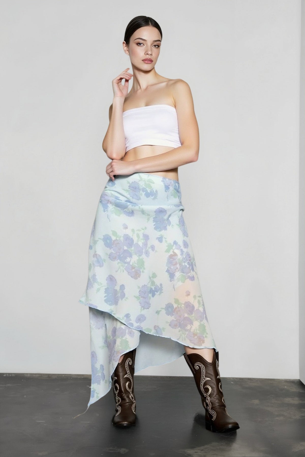 Floral Print Sheer Mesh Fold Over Waist Handkerchief Hem Midi Skirt 4