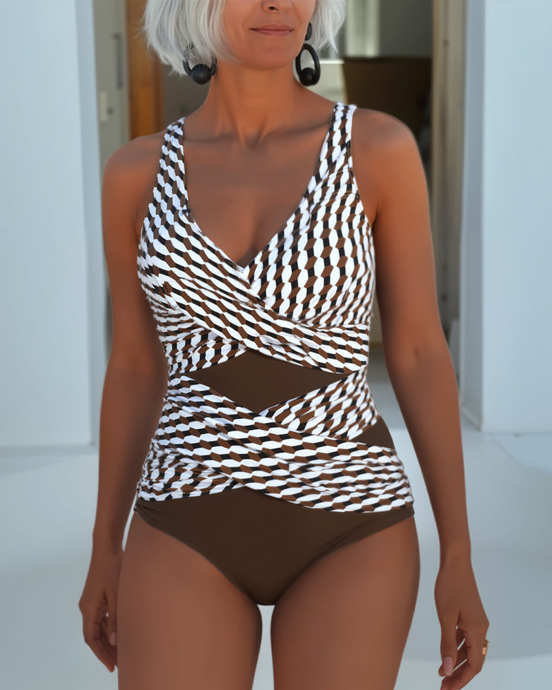 Geometric Print Cross Wrap Cut Out One Piece Swimsuit