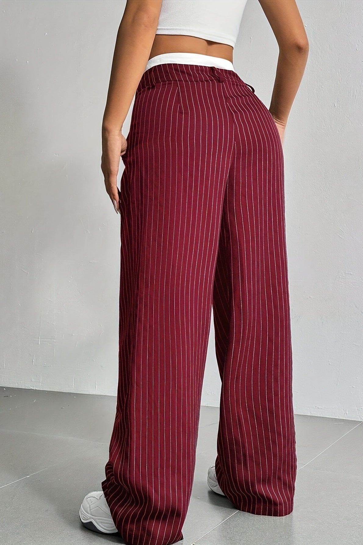 Pinstripe Contrast Waistband Pleated Wide Leg Trousers 2