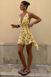 Polka Dot Mesh Halter Cowl Neck Fitted Mini Dress