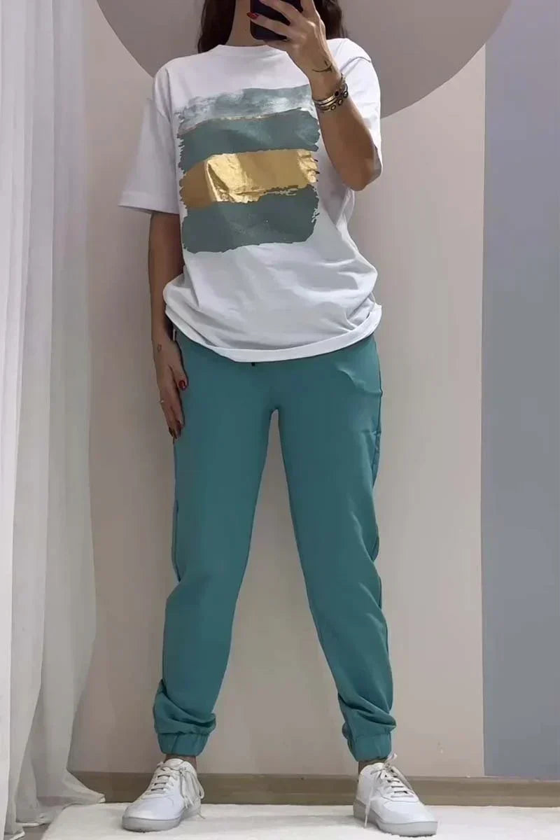 Foil Print Tee and Jogger Pants Two Piece Set