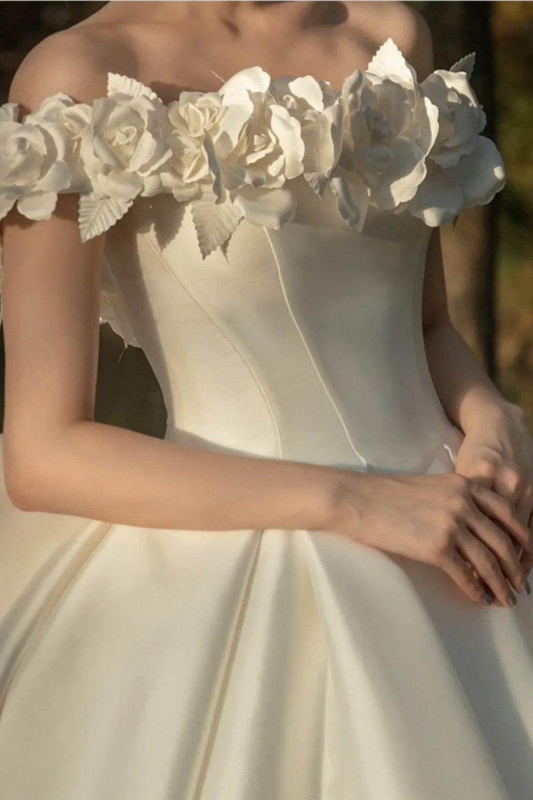 Off Shoulder Satin Train Wedding Dress - View 3