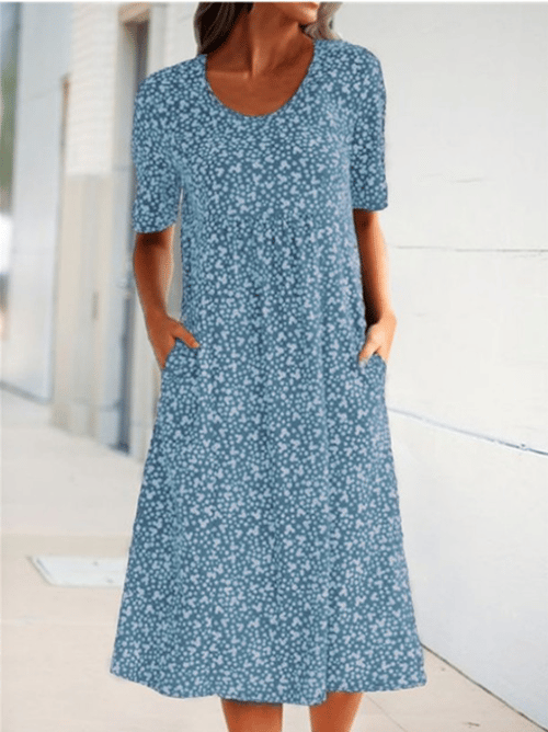Ditsy Floral Round Neck Short Sleeve Pocket Midi Dress 2