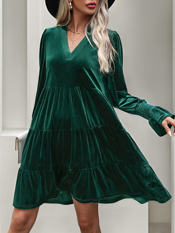 Velvet V-Neck Long Sleeve Tiered Mini Dress 2